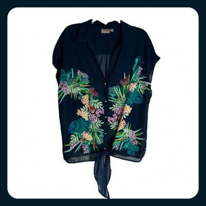 Roz & Ali Tie Front Button Up Blouse Women’s 1X Plus Navy Tropical Semi-Sheer